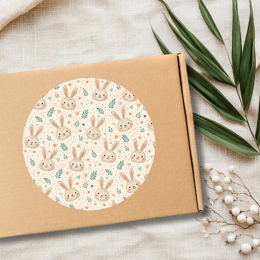 Vintage Tiny Bunny Faces with Roses Pattern ラウンドシール