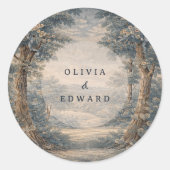 Vintage Toile Wedding Tapestry Romantic Woodland  ラウンドシール (正面)