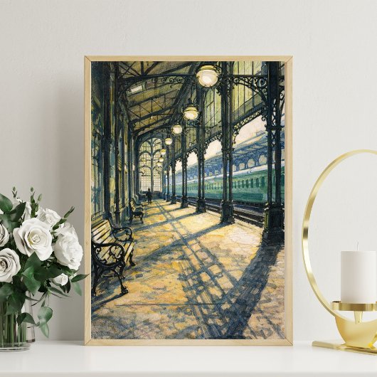 vintage train station art classic railway station ポスター