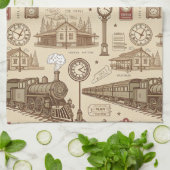 Vintage Train Station Pattern (1) キッチンタオル (折り畳み)