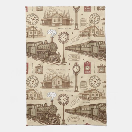 Vintage Train Station Pattern (1) キッチンタオル (縦)