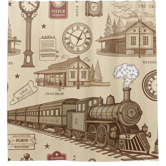 Vintage Train Station Pattern (1) シャワーカーテン (正面)