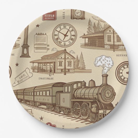 Vintage Train Station Pattern (1) ペーパープレート (正面)
