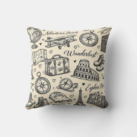 Vintage Travel Adventures Seamless Pattern クッション (裏面)