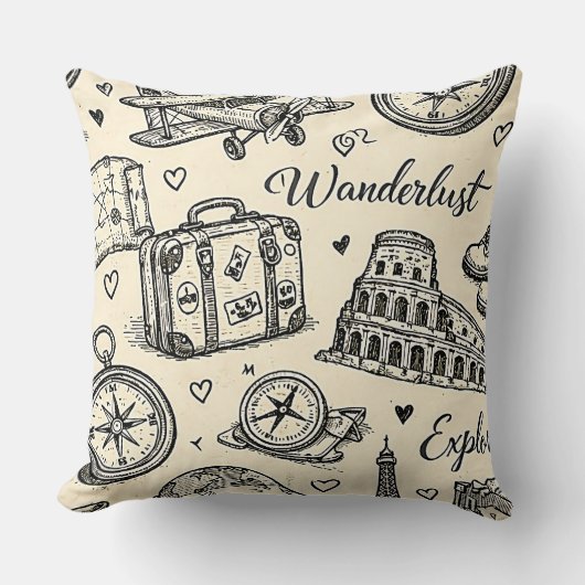 Vintage Travel Adventures Seamless Pattern クッション (正面)