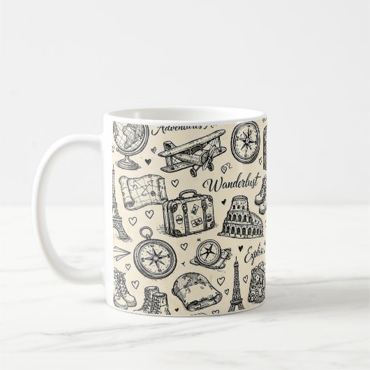 Vintage Travel Adventures Seamless Pattern コーヒーマグカップ (左)