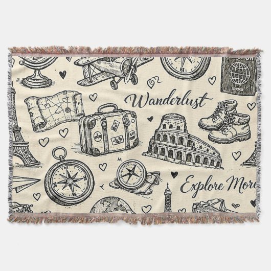 Vintage Travel Adventures Seamless Pattern スローブランケット (正面)