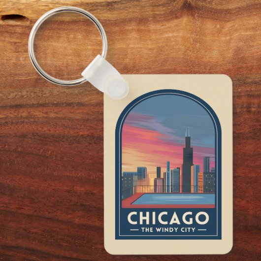 Vintage Travel Chicago Sunset Skyline Cityscape キーホルダー (正面)