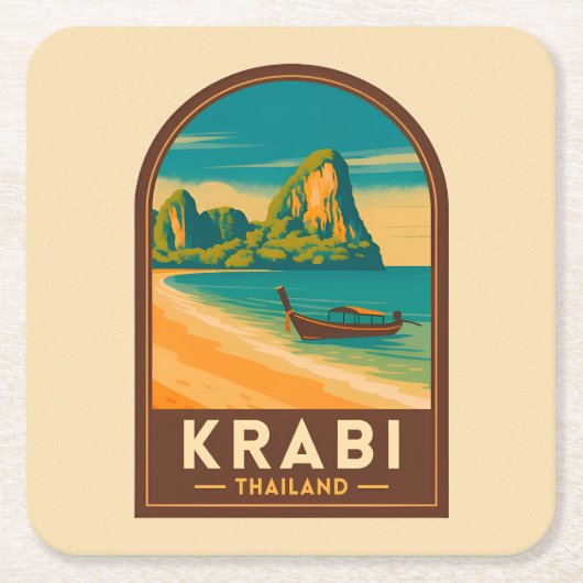 Vintage Travel Krabi Thailand Railay Beach Retro スクエアペーパーコースター (正面)