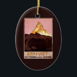 Vintage Travel, Matterhorn Mountain，スイス セラミックオーナメント<br><div class="desc">ヴィンテージイラストレーション広告ヨーロッパの旅行ポスターまたは荷物表示スイスのツェルマットから、雪のベースでマッターホルン山を覆った。ツェルマット、マターホルン4505mシュワイズ。</div>