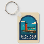 Vintage Travel Michigan Lighthouse Retro Scenic キーホルダー (正面)