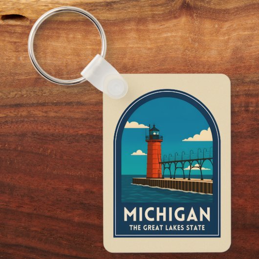 Vintage Travel Michigan Lighthouse Retro Scenic キーホルダー (正面)
