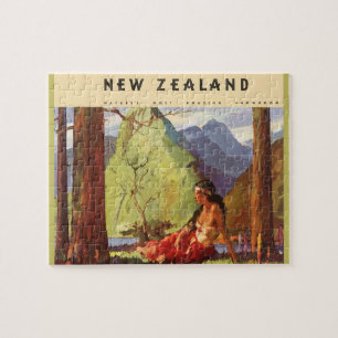 Vintage Travel, New Zealand Landscape Native Woman ジグソーパズル