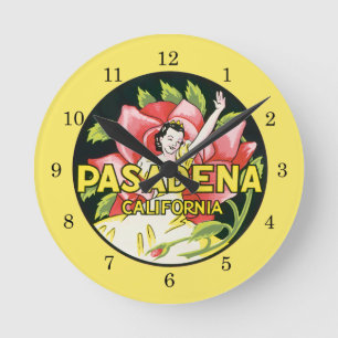 Vintage Travel、Pasadena California、Lady andバラ ラウンド壁時計