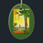 Vintage Travel Poster、ロサンゼルス、カリフォルニア セラミックオーナメント<br><div class="desc">ヴィンテージイラストレーションアメリカ合衆国の旅行ポスターまたは荷物用ラベルからCity of Angels, ロサンゼルス，カリフォルニア。カリフォルニアのミッションの美しい建築、咲く植物を持つヤシの木飛んでいる、夏の間の晴れた日の空の飛行機。</div>