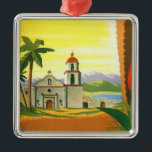 Vintage Travel Poster、ロサンゼルス、カリフォルニア メタルオーナメント<br><div class="desc">ヴィンテージイラストレーションアメリカ合衆国の旅行ポスターまたは荷物用ラベルからCity of Angels, ロサンゼルス，カリフォルニア。カリフォルニアのミッションの美しい建築、咲く植物を持つヤシの木飛んでいる、夏の間の晴れた日の空の飛行機。</div>