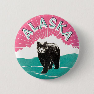 Vintage Travel Poster, Alaska Black Bear in Snow 缶バッジ
