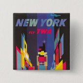 Vintage Travel Poster、Fly Twa、ニューヨーク 缶バッジ (正面)