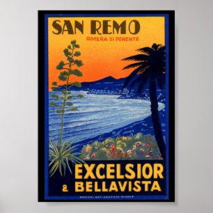 Vintage Travel Poster, San Remo Excelsior Italy ポスター
