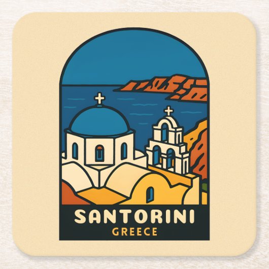 Vintage Travel Santorini Greece Retro Seaside スクエアペーパーコースター (正面)