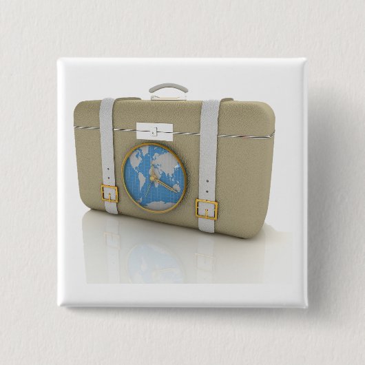 Vintage Travel Suitcase Clock World Map 缶バッジ (正面)