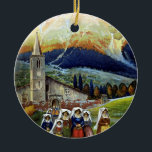 Vintage Travel, Women of Abruzzo，イタリア セラミックオーナメント<br><div class="desc">ヴィンテージイラストレーションヨーロッパの旅行ポスターまたはラゲージラベルAbruzzo，イタリアのコスチューム、ドレスや帽子の服を着た女性のグループ伝統的をフィーチャー。群衆は遠くに山をかぶった雪で町の教会に通じる道路に立っている。</div>