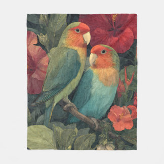 Vintage Tropical Lovebirds Floral Fleece Blanket フリースブランケット