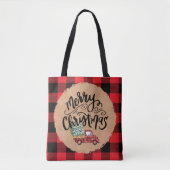 Vintage Truck Script Christmas Buffalo Plaid Tote トートバッグ (正面)