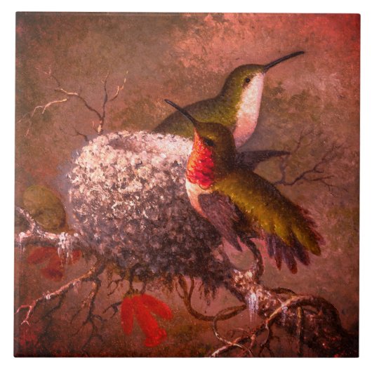 Vintage Two Ruby Throat Hummingbirds & Nest タイル (正面)