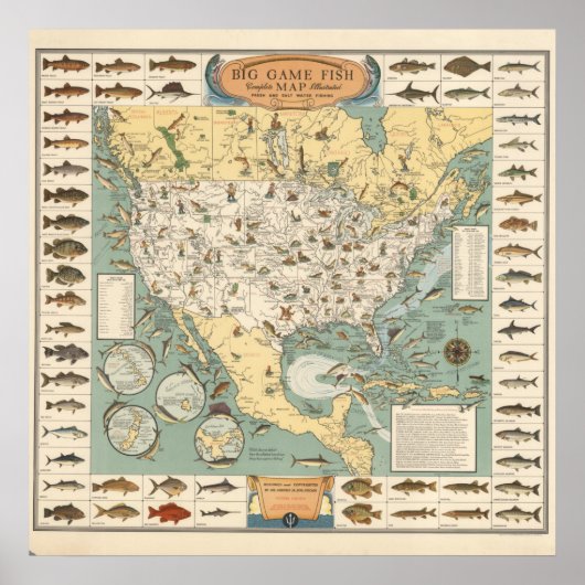 Vintage US Fish Map ポスター (正面)