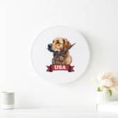 Vintage USA Golden Retriever Engraving Shirt 4 ラージ壁時計 (ホーム)