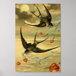 Vintage Valentine Barn Swallows ポスター