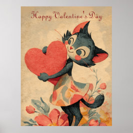 Vintage Valentine`s Day Cat With Heart  ポスター