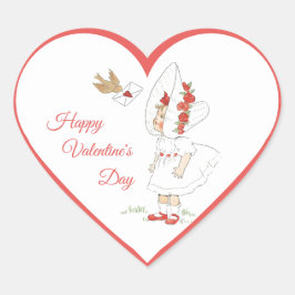 Vintage Valentine's Day Red Heart Cute Girl & Bird ハートシール