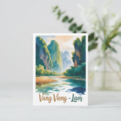  Vintage Vang Vieng Laos Travel Art ポストカード (スタンド正面)