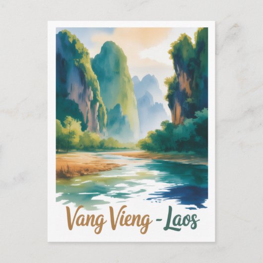  Vintage Vang Vieng Laos Travel Art ポストカード (正面)