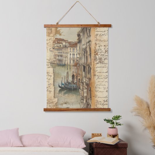 Vintage Venice Canal with Handwritten Script 吊り下げ型タペストリー (寝室)