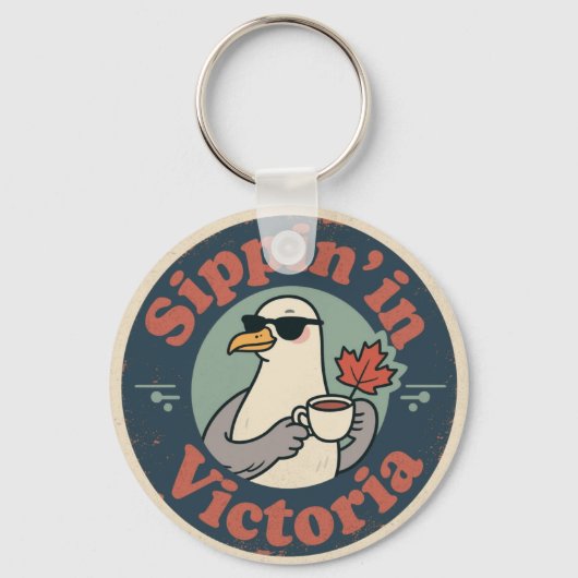 Vintage Victoria BC Coffee & Seagull キーホルダー (正面)