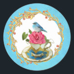 Vintage Victorian Birds Pink  Roses Tea cup Flame ラウンドシール<br><div class="desc">Vintage Victorian Birds Pink Roses Tea cup Blue Flame stickers シール</div>