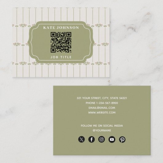 Vintage Victorian Botanical Stripes QR Code 名刺 (正面/裏面)