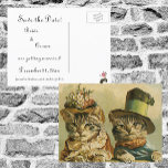 Vintage Victorian Funny Cats in Hats Save the Date 案内ポストカード<br><div class="desc">Easy to customize wedding save the date postcard, just add your names and date! Vintage illustration silly, funny, humorous image featuring cute Victorian tabby cats wearing hats. A love and romance pet wedding design with a cat bride and groom. The bride is wearing an elegant floral flower hat and the...</div>