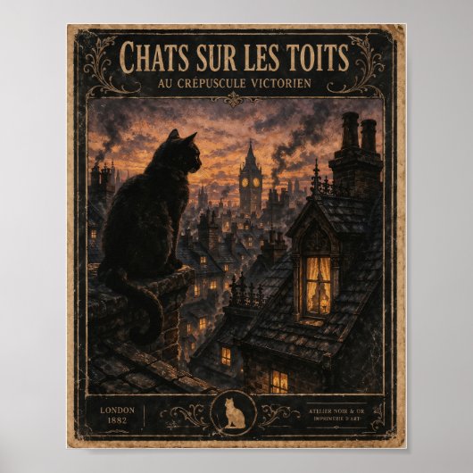 Vintage Victorian London Black Cat Poster ポスター (正面)