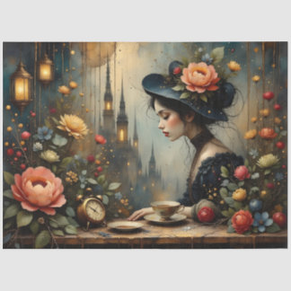 Vintage Victorian Tea Time Woman Floral Fantasy  薄葉紙
