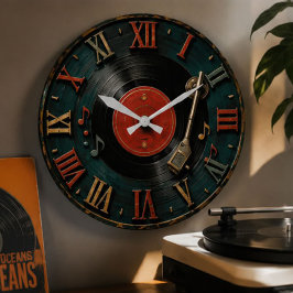 Vintage Vinyl Record Retro Turntable ラージ壁時計