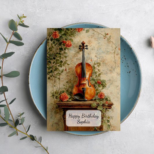 Vintage Violin with Roses カード