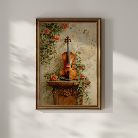 Vintage Violin with Roses ポスター