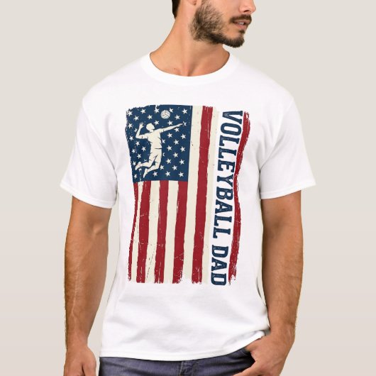 Vintage Volleyball Dad Patriotic Flag Shirt Design Tシャツ (正面)