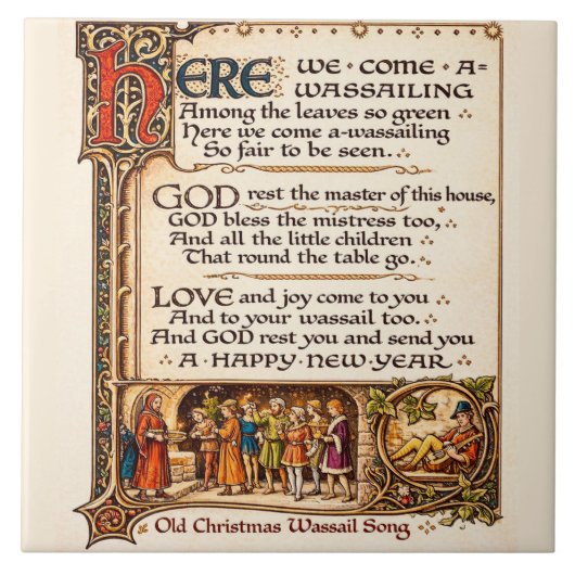 Vintage Wassail Song Illuminated Manuscript Art  タイル (正面)
