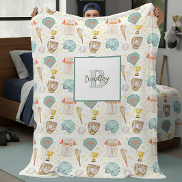 Vintage Watercolor Baseball Pattern Monogram Name フリースブランケット