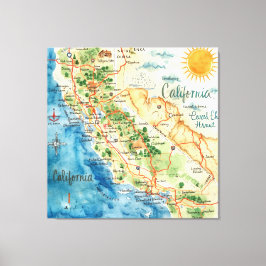 Vintage Watercolor California Travel Map Art キャンバスプリント